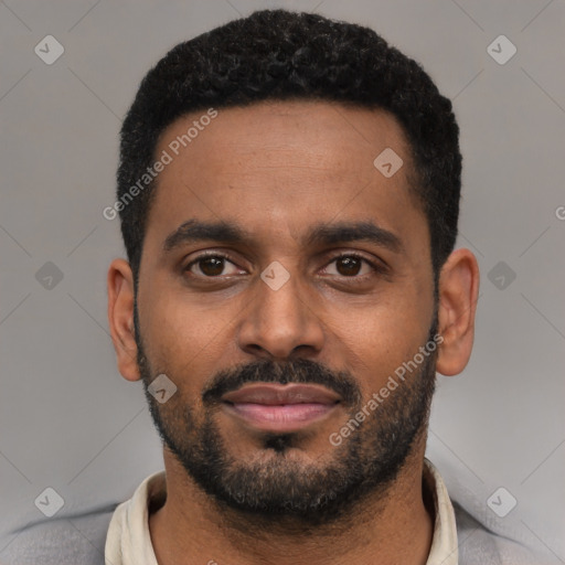 Neutral black young-adult male with short  black hair and brown eyes