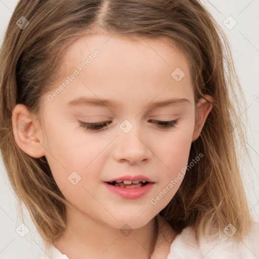 Joyful white child female with long  brown hair and brown eyes