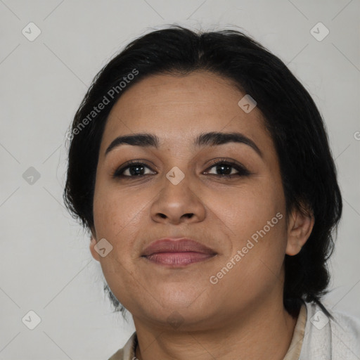 Joyful latino young-adult female with medium  black hair and brown eyes