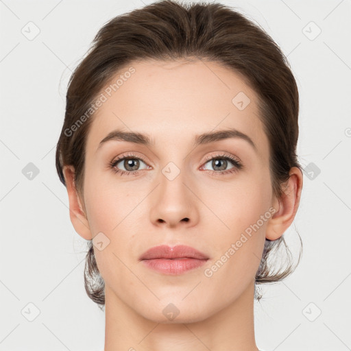 Neutral white young-adult female with short  brown hair and brown eyes