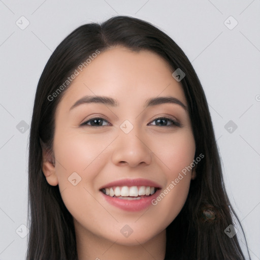 Joyful white young-adult female with long  black hair and brown eyes