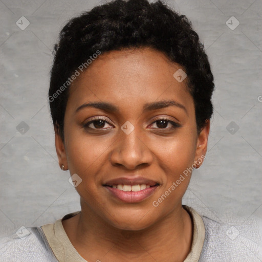 Joyful black young-adult female with short  black hair and brown eyes