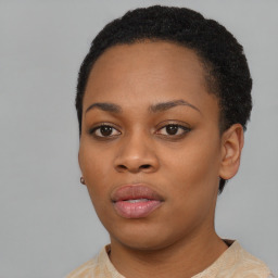 Neutral black young-adult female with short  black hair and brown eyes