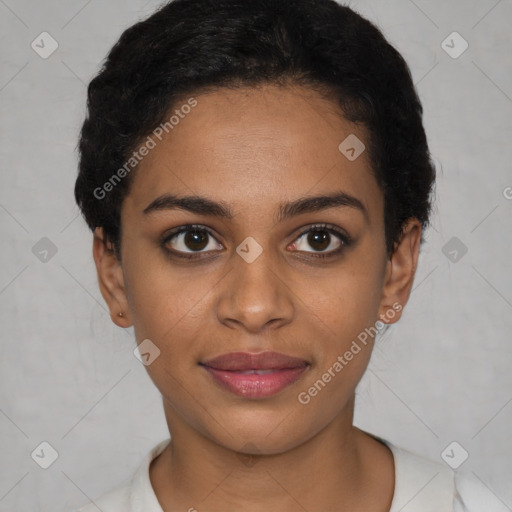 Joyful latino young-adult female with short  brown hair and brown eyes