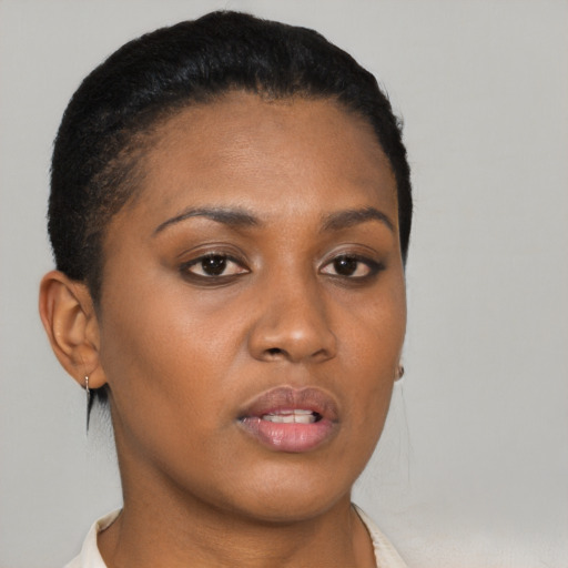 Neutral black young-adult female with short  brown hair and brown eyes