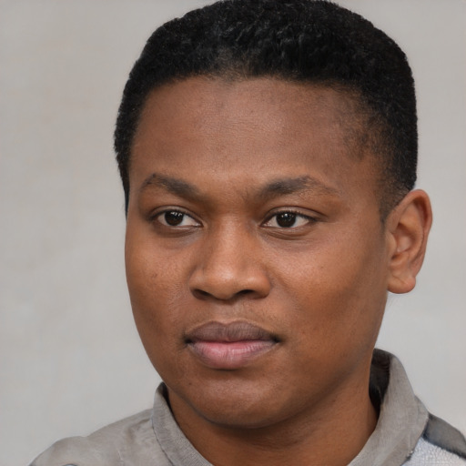 Joyful black young-adult male with short  black hair and brown eyes