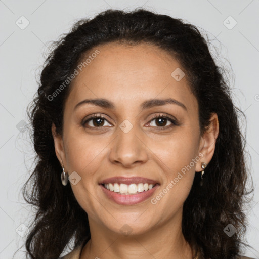 Joyful latino young-adult female with long  brown hair and brown eyes