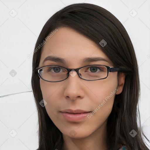 Neutral white young-adult female with long  brown hair and brown eyes