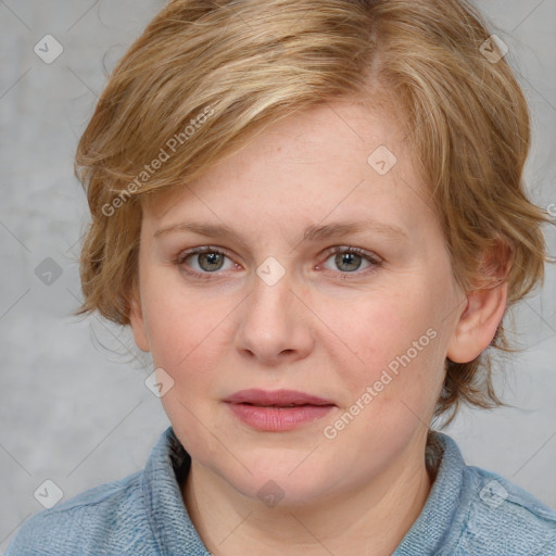 Joyful white young-adult female with medium  brown hair and blue eyes