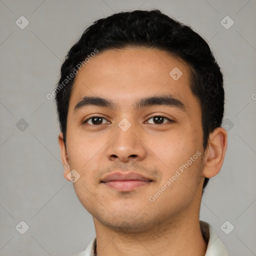 Neutral latino young-adult male with short  black hair and brown eyes