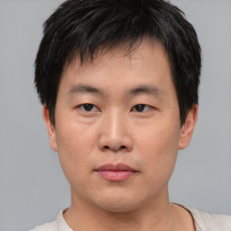 Neutral asian young-adult male with short  black hair and brown eyes