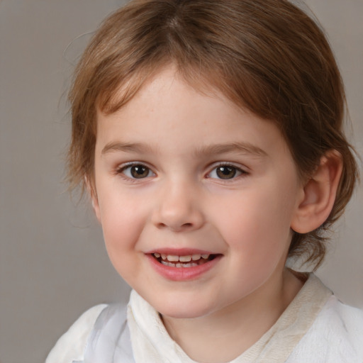 Joyful white child female with medium  brown hair and brown eyes