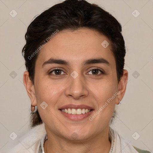 Joyful white young-adult female with short  brown hair and brown eyes