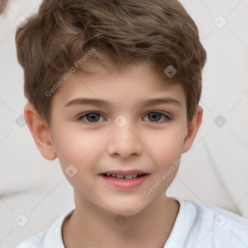 Joyful white child male with short  brown hair and brown eyes