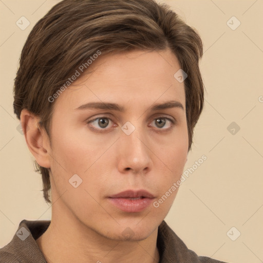 Neutral white young-adult female with short  brown hair and brown eyes