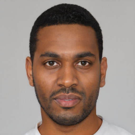 Neutral black young-adult male with short  black hair and brown eyes