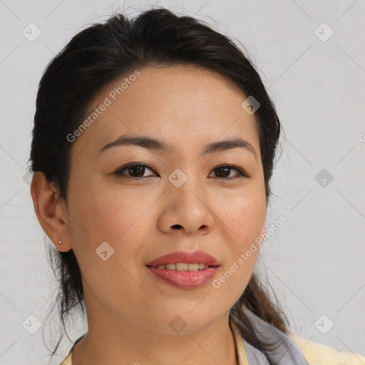 Joyful white young-adult female with medium  brown hair and brown eyes