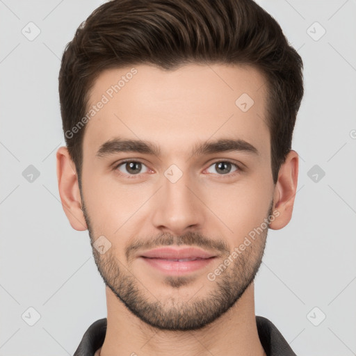 Joyful white young-adult male with short  brown hair and brown eyes