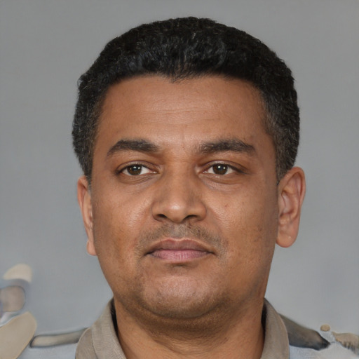 Neutral latino adult male with short  black hair and brown eyes