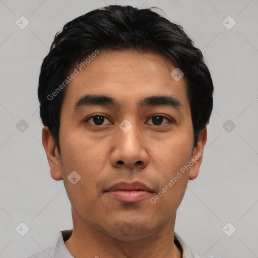 Neutral asian young-adult male with short  black hair and brown eyes