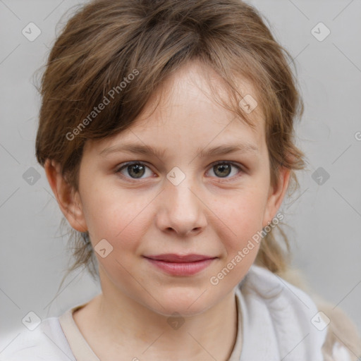 Joyful white child female with medium  brown hair and grey eyes