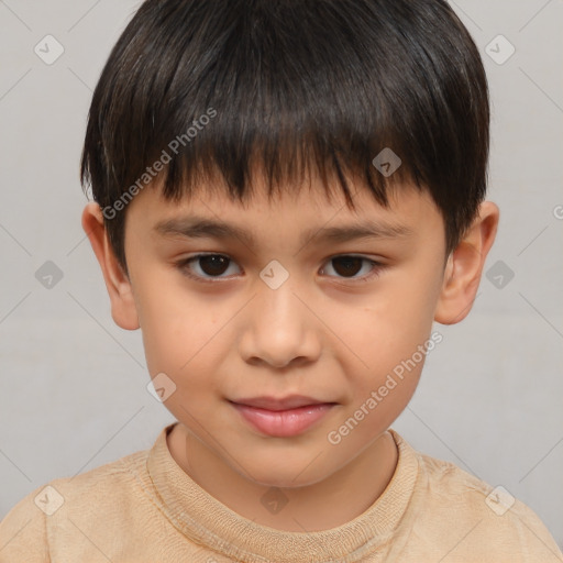 Joyful white child male with short  brown hair and brown eyes