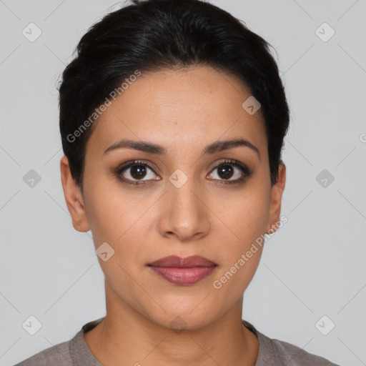 Neutral latino young-adult female with short  black hair and brown eyes