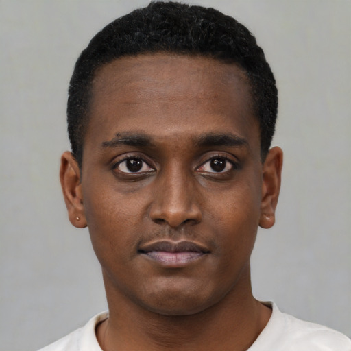 Neutral black young-adult male with short  black hair and brown eyes