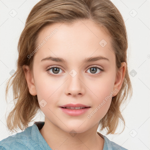 Neutral white child female with medium  brown hair and blue eyes