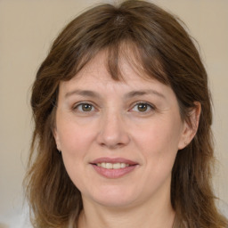 Joyful white adult female with medium  brown hair and grey eyes