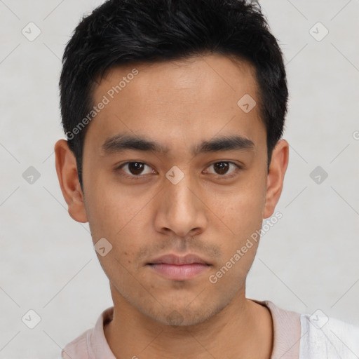 Neutral asian young-adult male with short  black hair and brown eyes