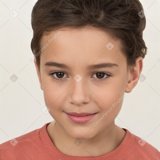 Joyful white child female with short  brown hair and brown eyes