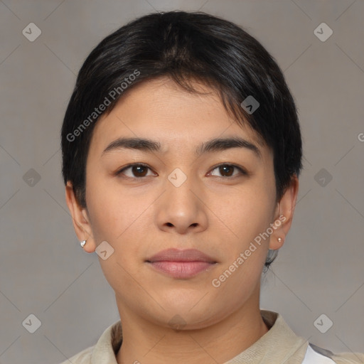 Neutral asian young-adult female with short  black hair and brown eyes