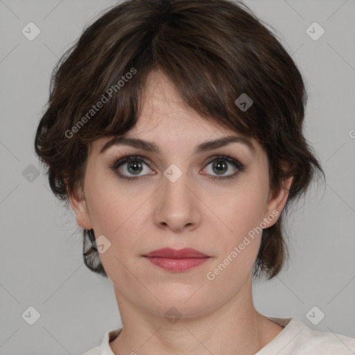 Neutral white young-adult female with medium  brown hair and brown eyes