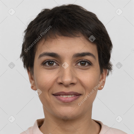 Joyful white young-adult female with short  brown hair and brown eyes