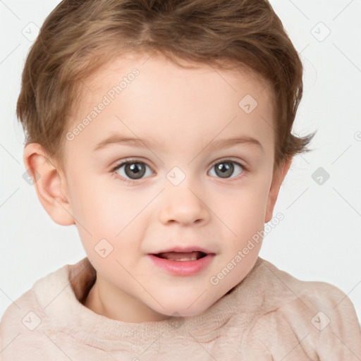 Joyful white child female with short  brown hair and grey eyes