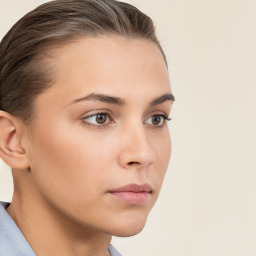 Neutral white young-adult female with short  brown hair and brown eyes