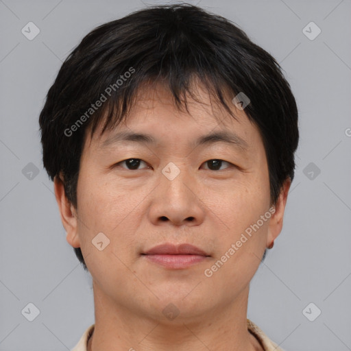 Neutral asian adult male with short  brown hair and brown eyes