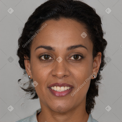 Joyful black young-adult female with medium  brown hair and brown eyes