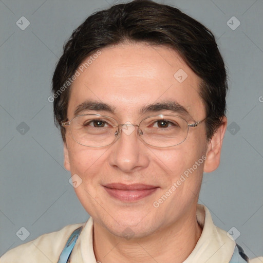 Joyful white adult female with short  brown hair and brown eyes