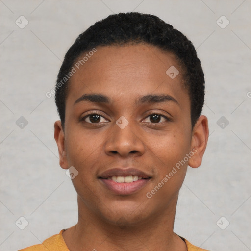 Joyful black young-adult male with short  black hair and brown eyes