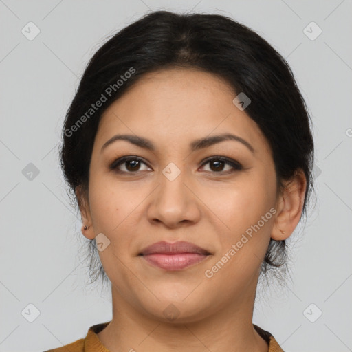 Joyful latino young-adult female with medium  black hair and brown eyes