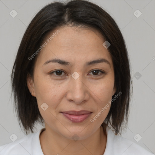 Joyful white adult female with medium  brown hair and brown eyes