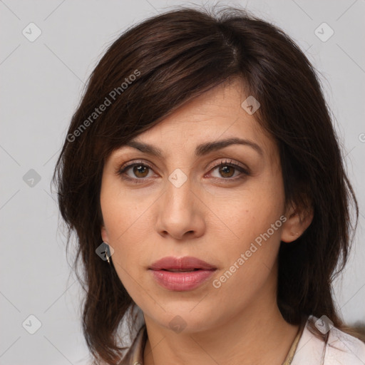 Neutral white young-adult female with medium  brown hair and brown eyes