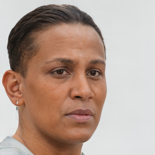 Neutral white young-adult female with short  brown hair and brown eyes