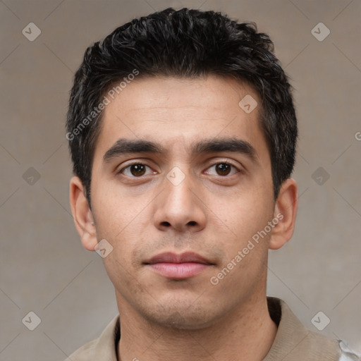 Neutral white young-adult male with short  black hair and brown eyes