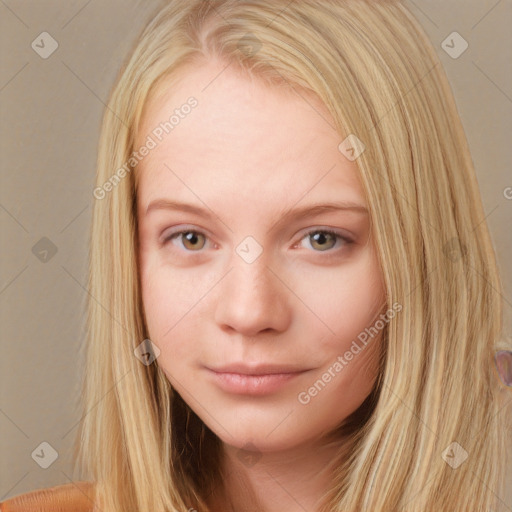 Neutral white young-adult female with long  brown hair and grey eyes