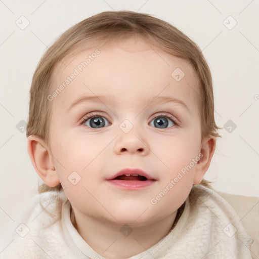 Neutral white child female with medium  brown hair and blue eyes