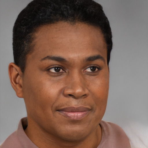 Joyful black young-adult male with short  brown hair and brown eyes