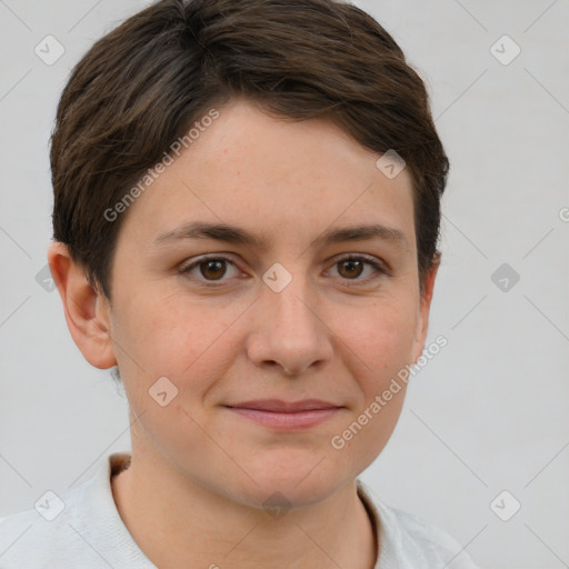 Joyful white young-adult female with short  brown hair and brown eyes